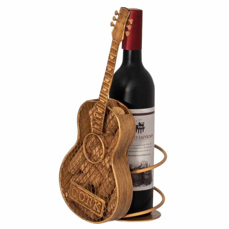 Decorative Metal Guitar Shape Wine Bottle And Cork Holder – A Unique Home Decor Piece And Countertop Accessory For Kitchens, Bars, And Dining Rooms, Great Collection For Wine Lovers