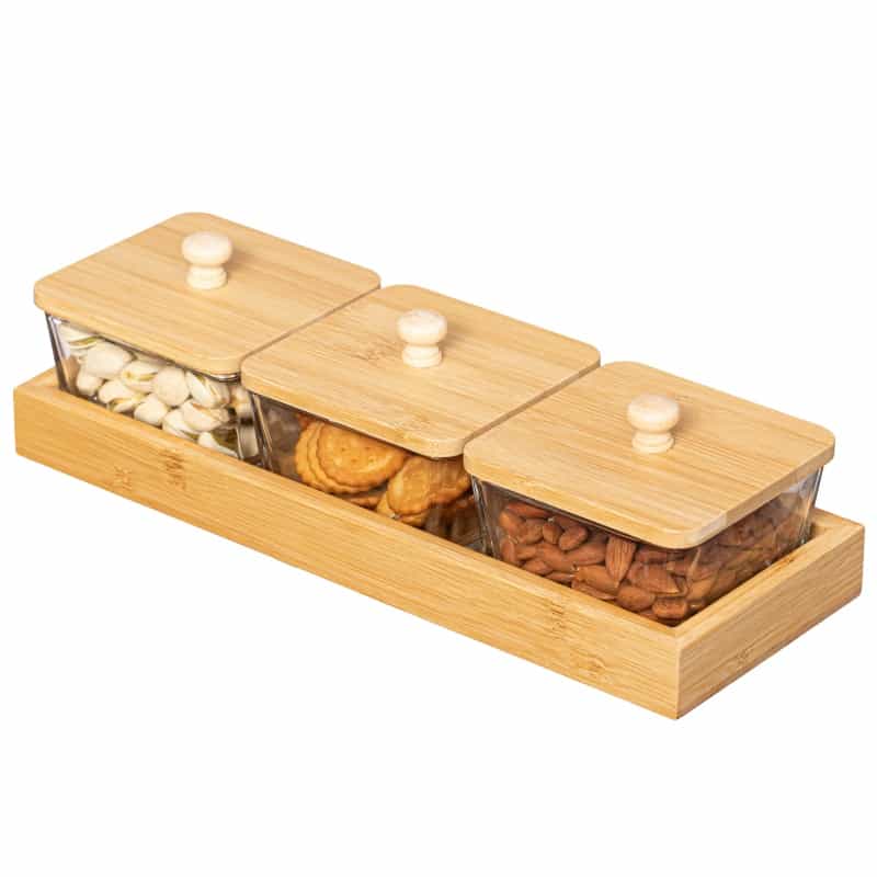 Basicwise Set Of Glass Jars With Bamboo Lids And Wooden Tray – Charcuterie, Snack Organizer, And Fruit Platter For Party, Candy Jars, Cookies, Nuts, Fruits And Snack Box