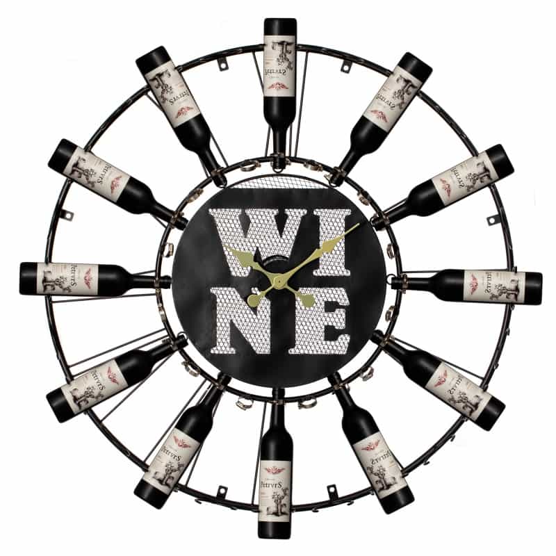 Vintiquewise Large Clock Wall-Mount Metal Wine Shelf – 24-Bottle Rack With Mesh Cork Basket And Led Light – Elegant Wine Display For Living Room, Kitchen, Dining Room, Home Bar, Or Wine Cellar