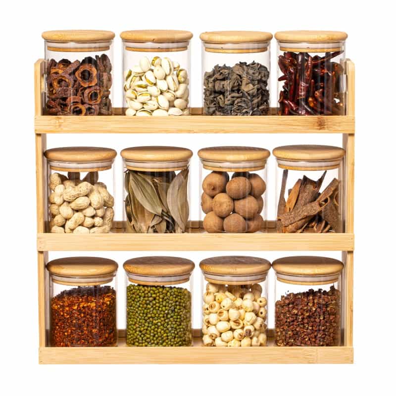 Basicwise Versatile Set Of Bamboo Spice Rack And Glass Jars With Lid – Perfect For Countertop Storage In Kitchens To Keep Seasoning Containers Neatly Displayed And Easily Accessible