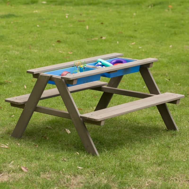Convertible Wooden Sand And Water Table For Your Toddlers Outdoor Playset Featuring 2 Play Box And A Removable Top That Transforms Into Kids Picnic Table
