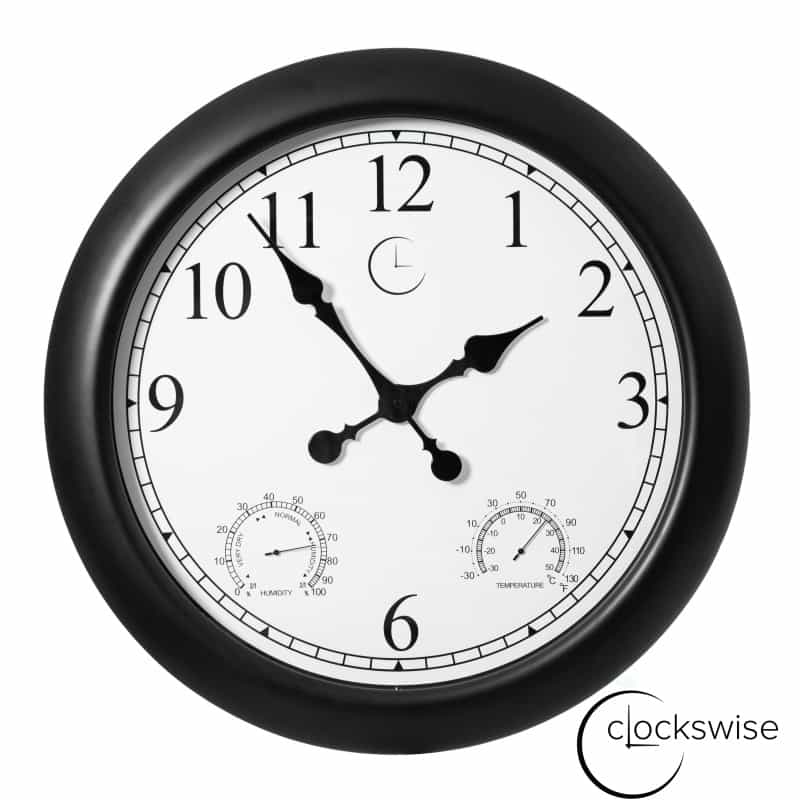 Large Outdoor Wall Clock Thermometer Combo, Waterproof Hygrometer Silent Battery Operated Clocks Timepiece Garden Weather Master Station For Home Indoor Or Patio Pool Photography Props Black