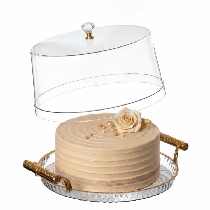Basicwise Plastic Cake Stand With Clear Flat-Top Cover And Gold Handles Ribbed Serving Tray For Cupcakes Fruits Salads And Desserts Transparent Table Display For Parties And Events
