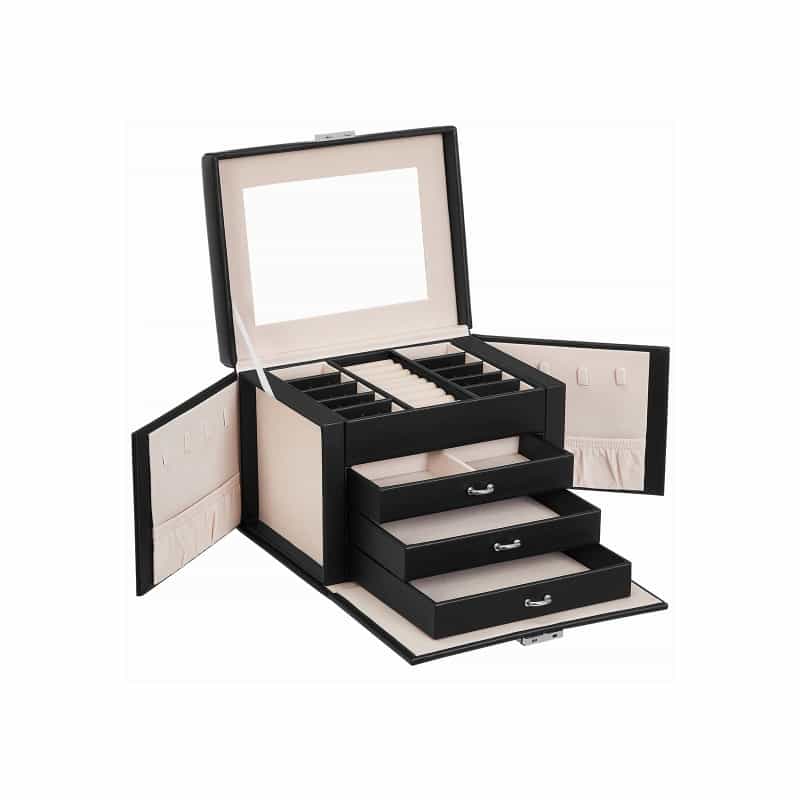 Black Jewelry Box With Drawers & Lock