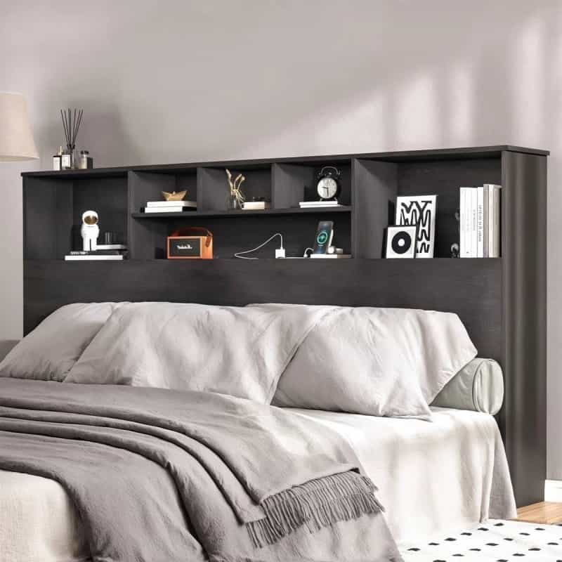 King Size Bookcase Headboard In Black Wood Finish With Led Lights
