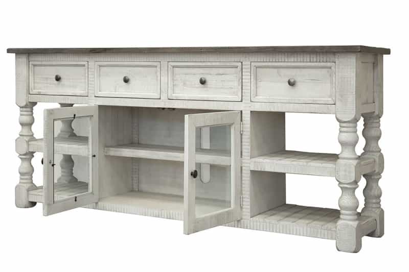 81" Ivory Solid Wood Open Shelving Distressed Tv Stand