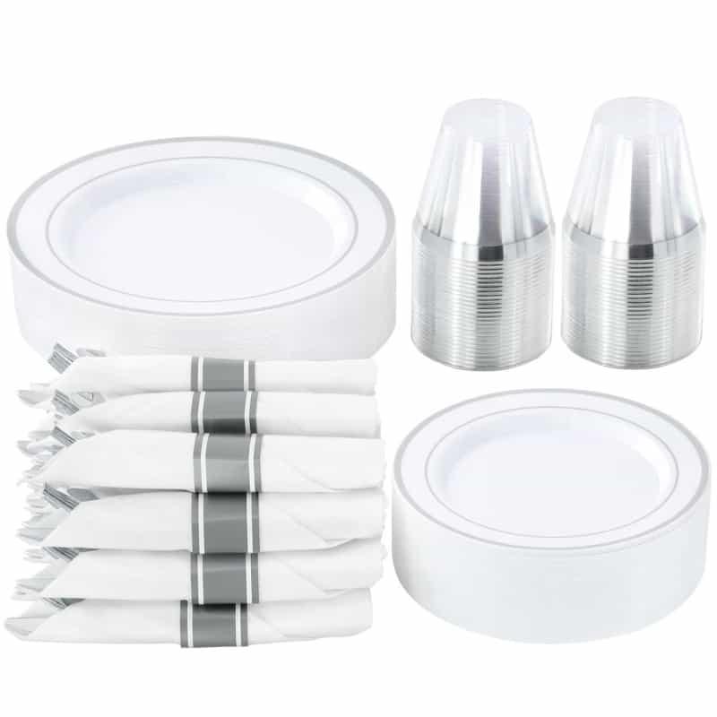 Elama 350 Piece Disposable Plastic Dinnerware Party Set For 50 Guests In White With Silver Trim