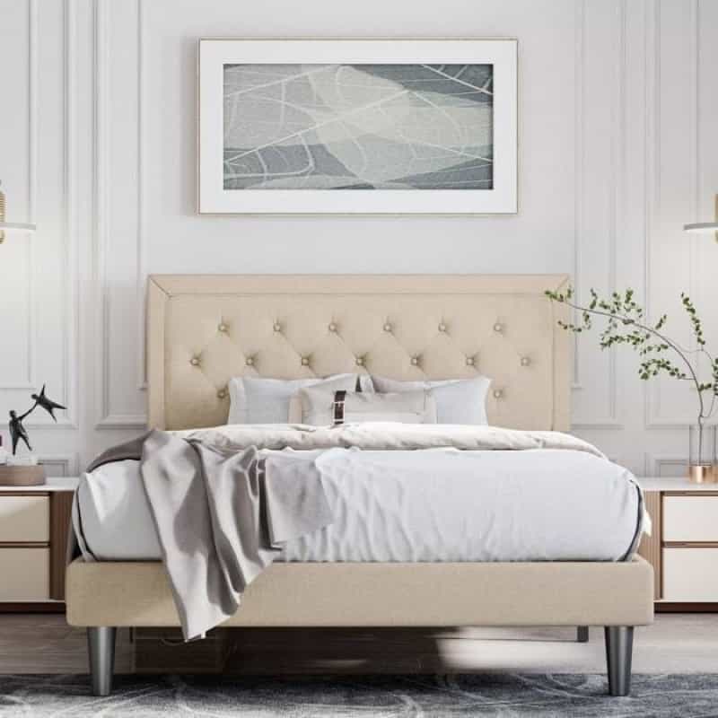 Full Size Adjustable Height Platform Bed Frame With Beige Upholstered Headboard