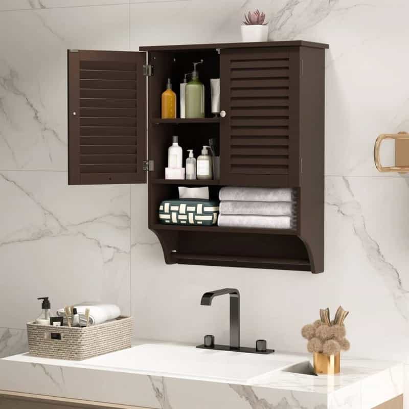 Brown Wall-Mounted Bathroom Medicine Cabinet With Louver Doors And Towel Bar