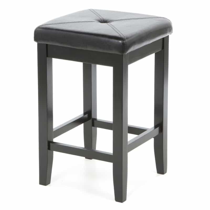 Set Of 2 - Black Bar Stools 24-Inch High W/ Cushion Faux Leather Seat
