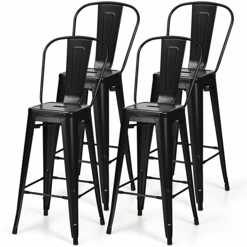 Set Of 4 Black 30" Height High Back Metal Industrial Bar Stools