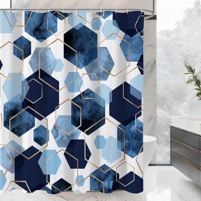 72"W X 78"H Blue White Hexagon Geometric Pattern Polyester Shower Curtain