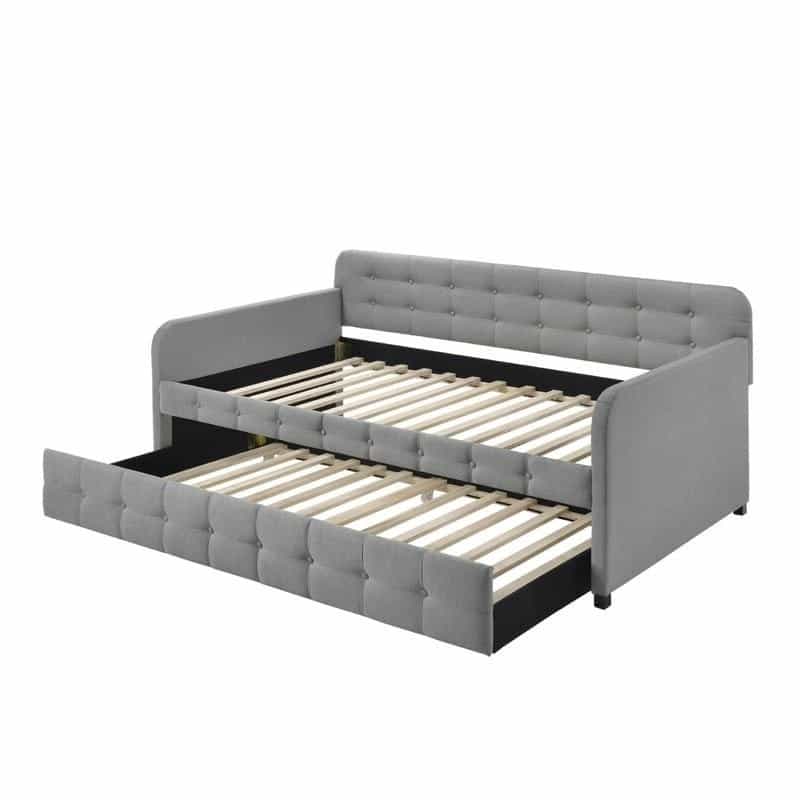 Gray Tufted Polyester Linen Twin Daybed With Trundle