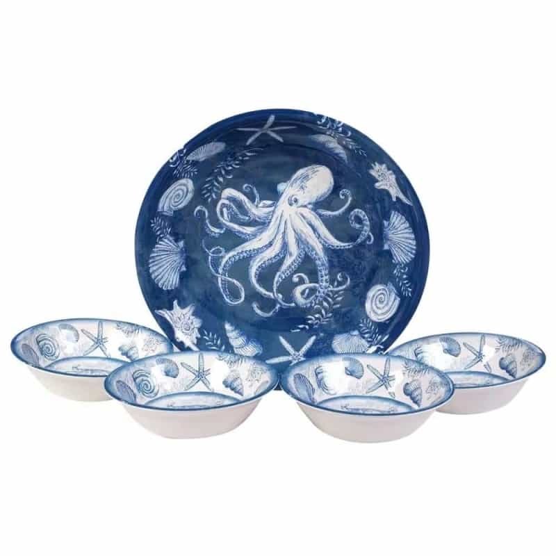 5-Piece Starfish Sea Shells Octopus Beach Dinner Bowl Set In Blue And White