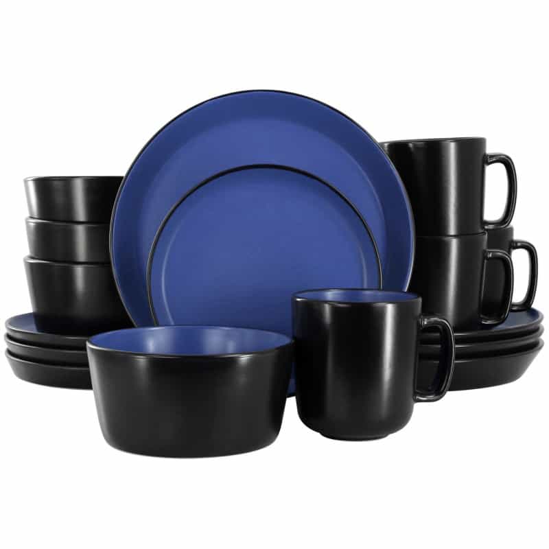 Elama Bacarra 16 Piece Stoneware Dinnerware Set In Two Tone Black And Blue