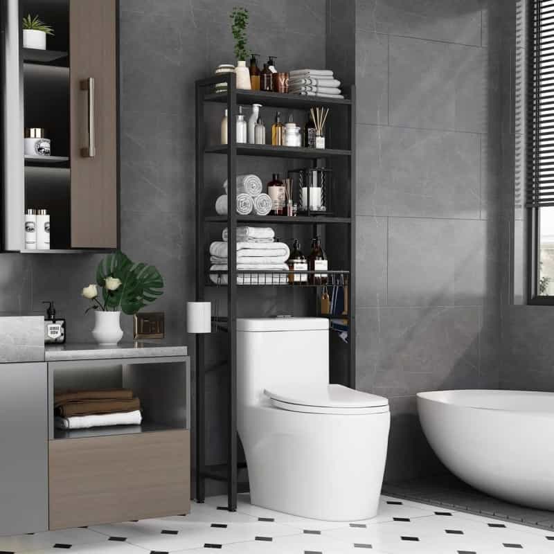 Black Over The Toilet Storage Freestanding Industrial Metal Wood Shelving Unit
