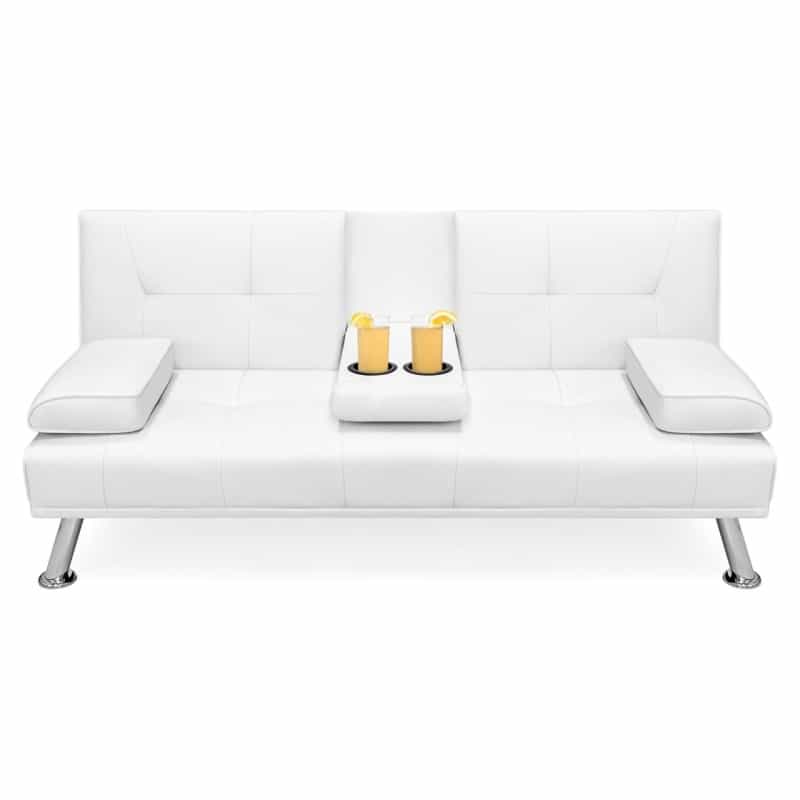 White Faux Leather Convertible Sofa Futon With 2 Cup Holders