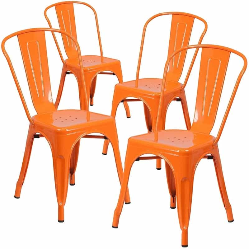 Set Of 4 Outdoor Indoor Orange Metal Stacking Bistro Dining Chairs