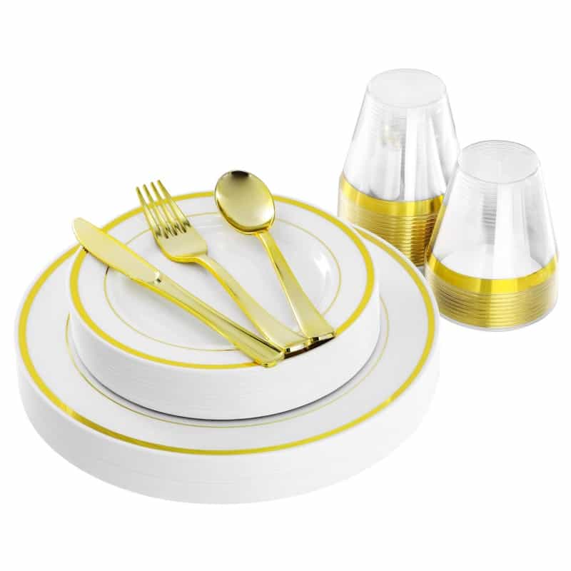 Elama 150 Piece Disposable Plastic Dinnerware Party Set For 25 Guests In White With Gold Trim