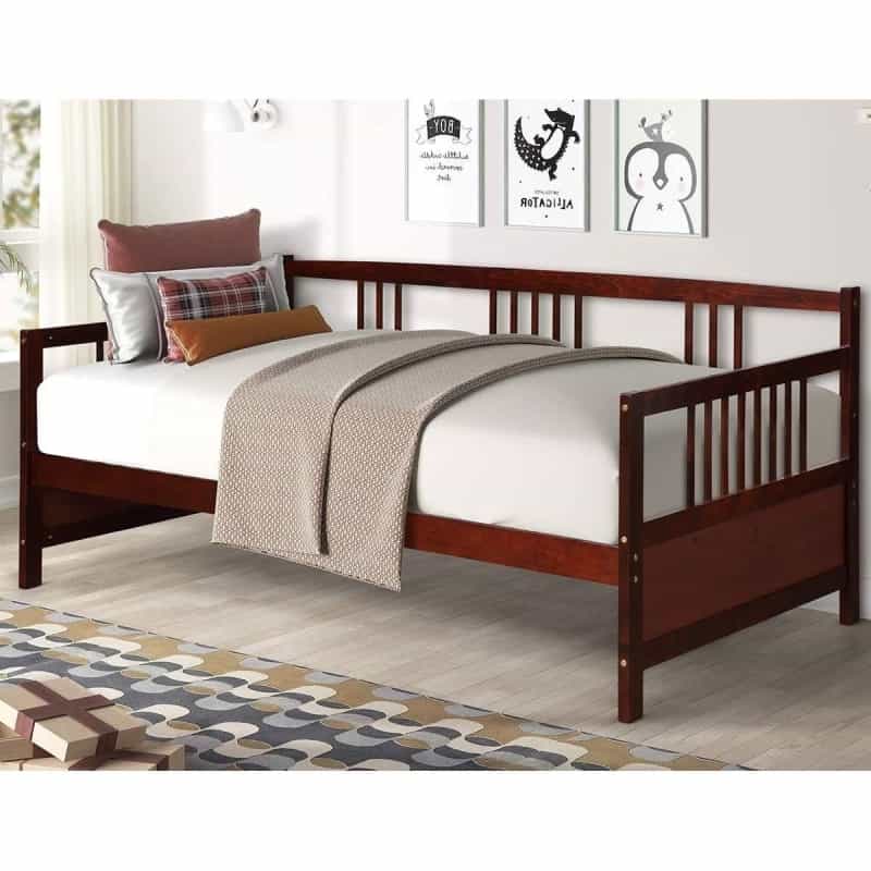 Twin Size 2-In-1 Wood Daybed Frame Sofa Bed In Brown Cherry Finish