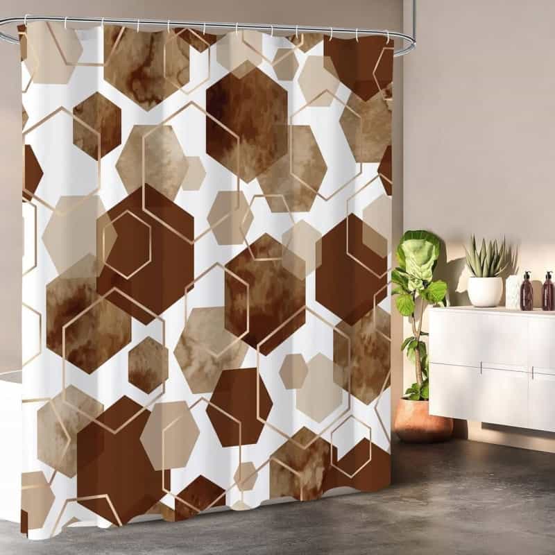 72"W X 72"H Brown White Hexagonal Pattern Polyester Shower Curtain