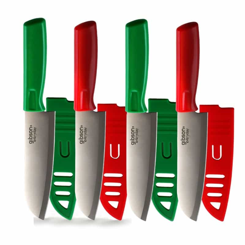 Gibson Everyday Grantville 4 Piece 6 Inch Santoku Knife With Sheath In Red And Green