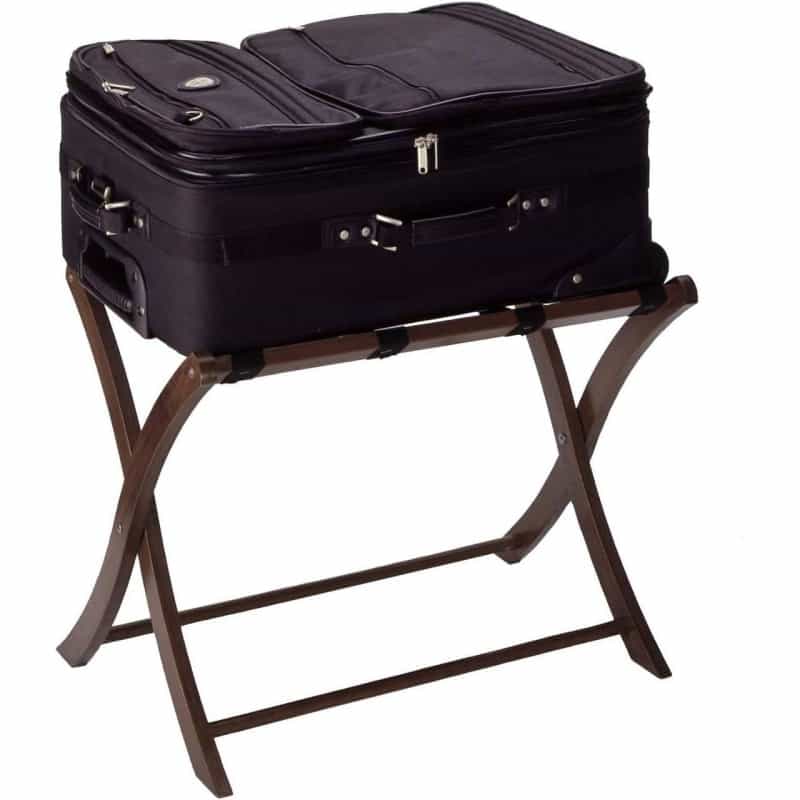 Solid Wood Folding Luggage Rack In Medium Brown Finish With Black Nylon Straps