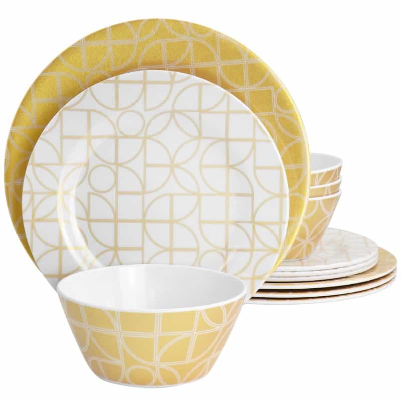 Laurie Gates California Designs Summer Bloom 12 Piece Melamine Dinnerware Set In Gold