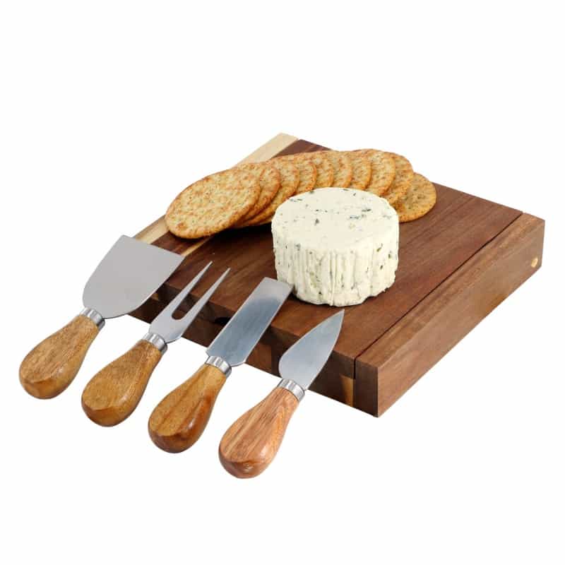 Megachef Acacia Wood 5 Piece Square Cheese Board With Knife Set