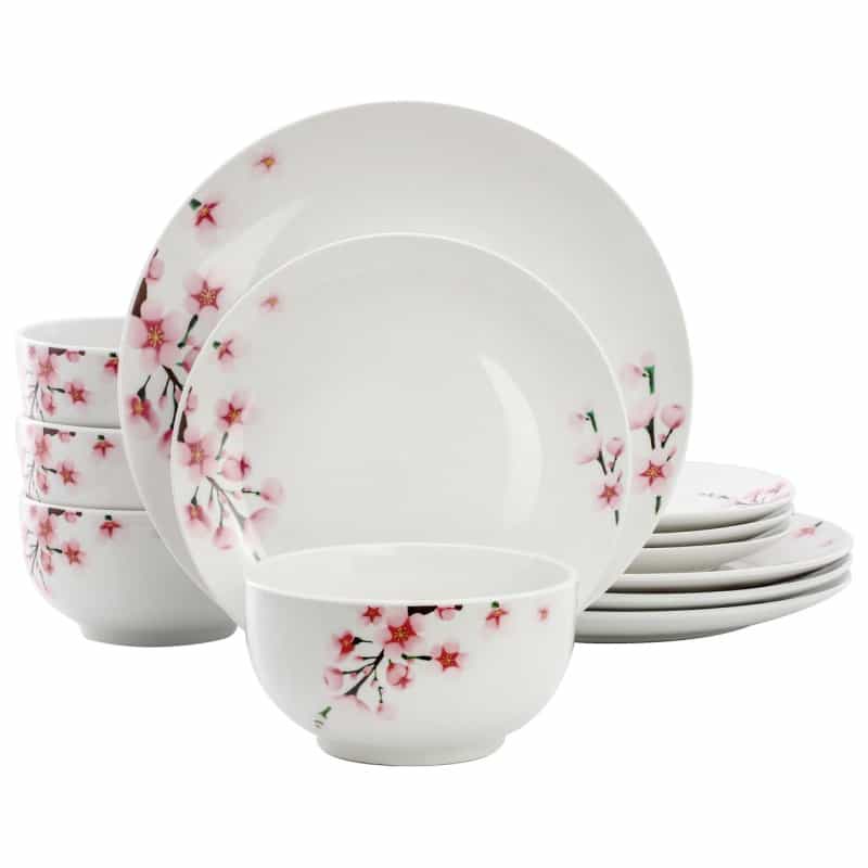 Elama Tamara 12 Piece Cherry Blossom Porcelain Dinnerware Set, Service For 4 In White And Pink