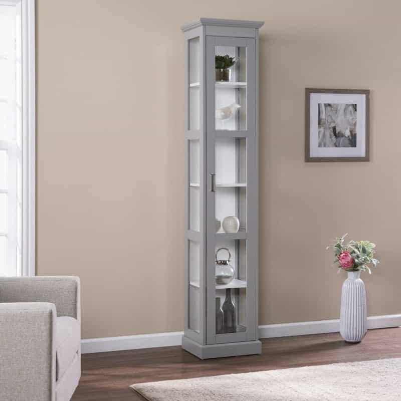 Gray Cornice Molding Curio With Glass Door