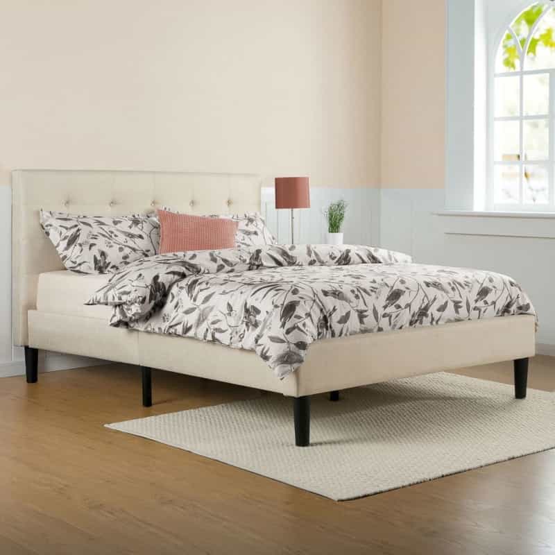 Queen Size Taupe Beige Upholstered Platform Bed Frame With Headboard