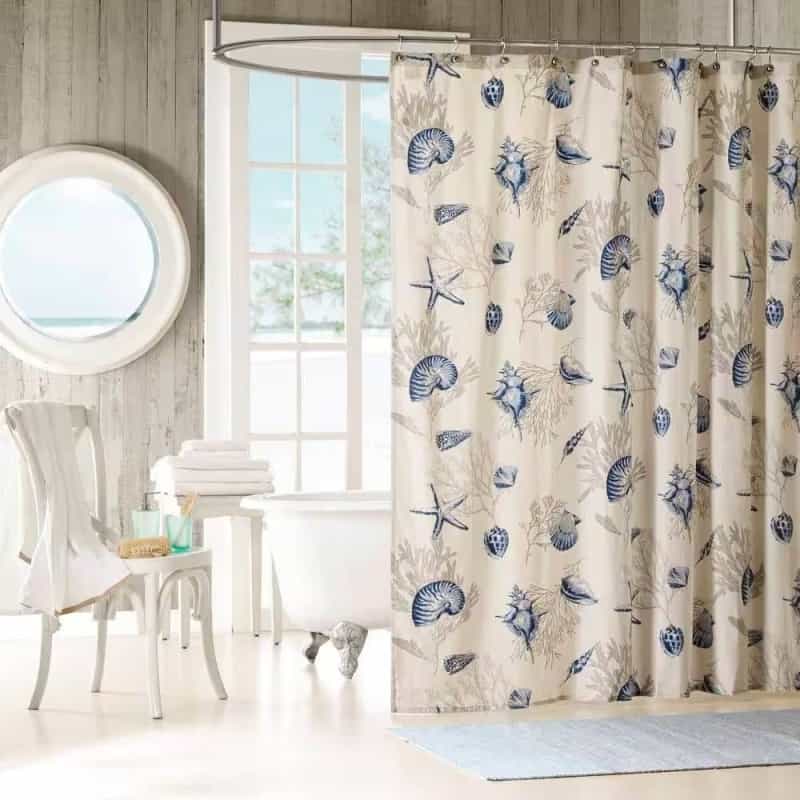 72-In Khaki Beige Cotton Shower Curtain Navy Blue Seashells Coral Coastal Beach