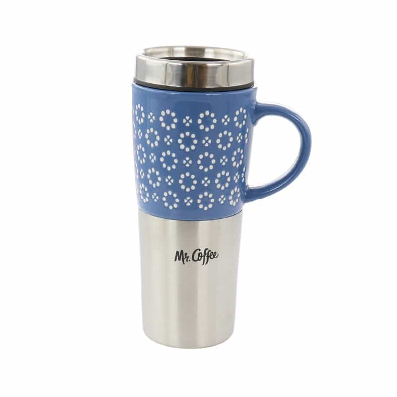 Mr. Coffee Travertine 16 Ounce Stoneware And Stainless Steel Travel Mug With Lid In Blue