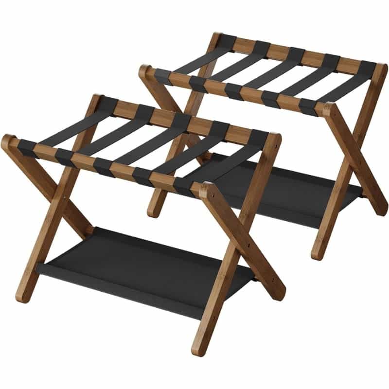 Set Of 2 - Sturdy Luggage Rack In Walnut Wood Finish With Lower Storage Shelf