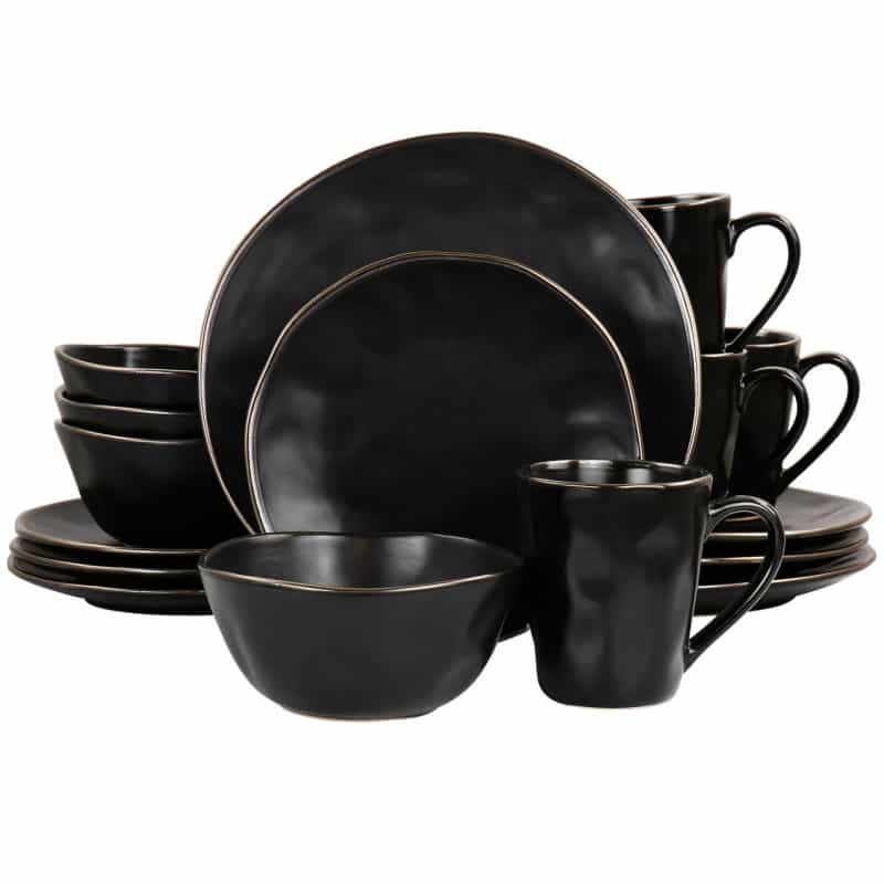 Elama Modern 16 Piece Stoneware Dinnerware Set In Matte Black With Gold Rim