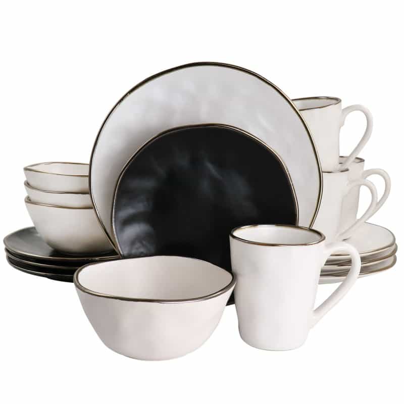 Elama Roman 16 Piece Stoneware Dinnerware Set In Assorted Matte With Gold Rim