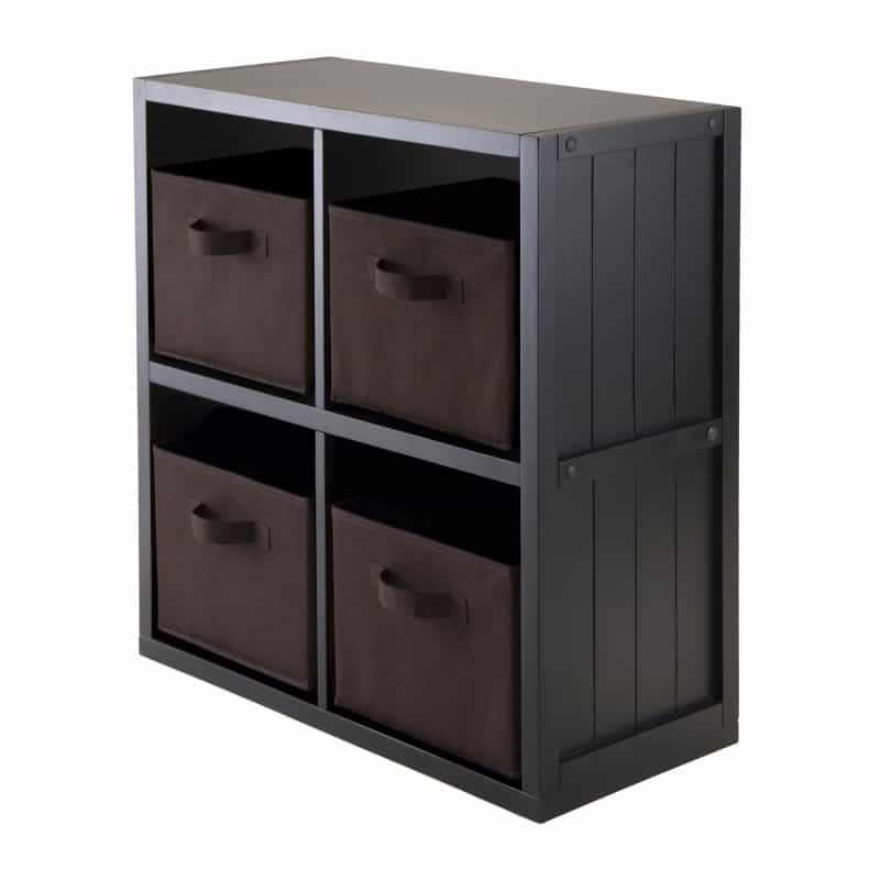 Timothy 4-Cube Storage Shelf with 4 Foldable Fabric Baskets, 26" Wide, Black and Chocolate