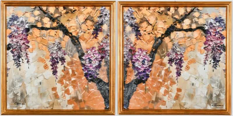 Pair Framed Yellow And Purple Tree Giclee 36X36