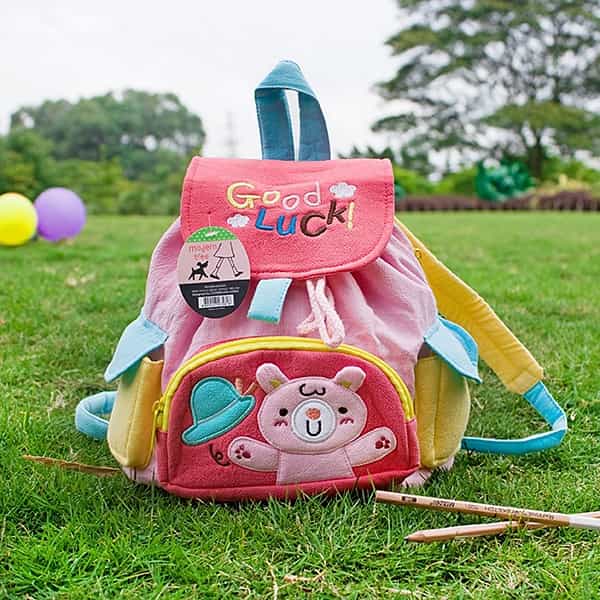 Embroidered Applique Kids Fabric Art School Backpack - Pink Rabbit