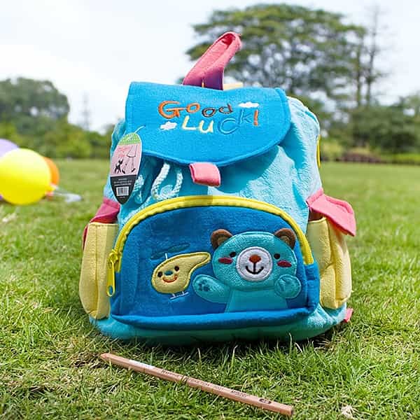 Embroidered Applique Kids Fabric Art School Backpack - Blue Bear