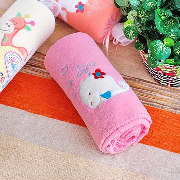 Embroidered Applique Coral Fleece Baby Throw Blanket - White Whale - Pink