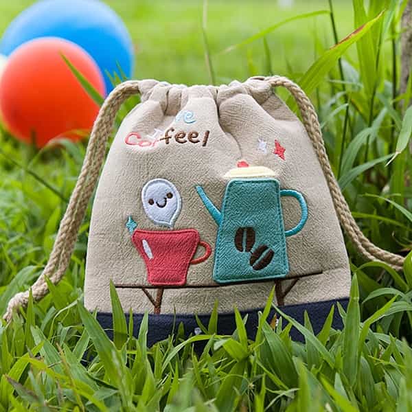 Embroidered Applique Fabric Art Draw String Bag - Love Coffee