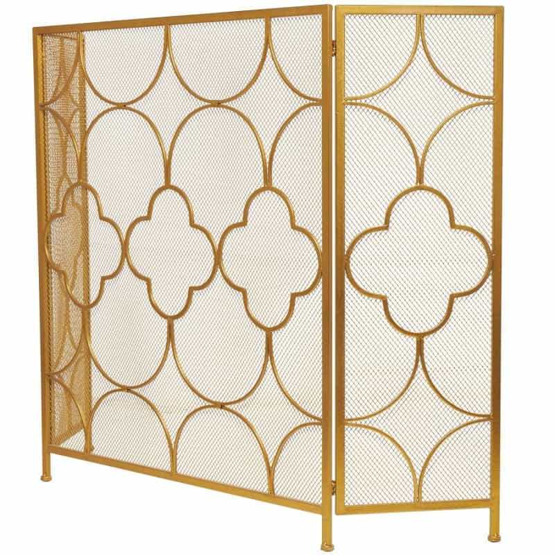 50 Inch 3 Panel Metal Fireplace Screen, Quatrefoil Design, Gold