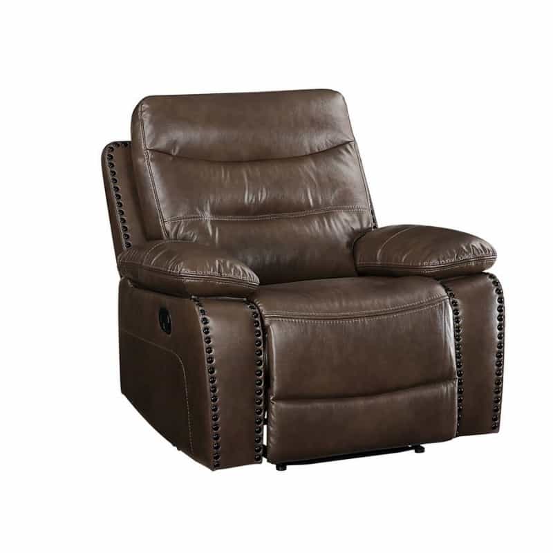 Leatherette Power Recliner With Nailhead Trim Accent, Brown