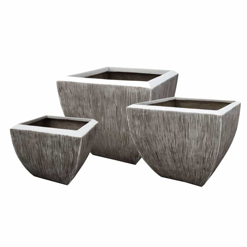 Hand Made Square Flower Pot With Ribbed Design, White, Set Of 3