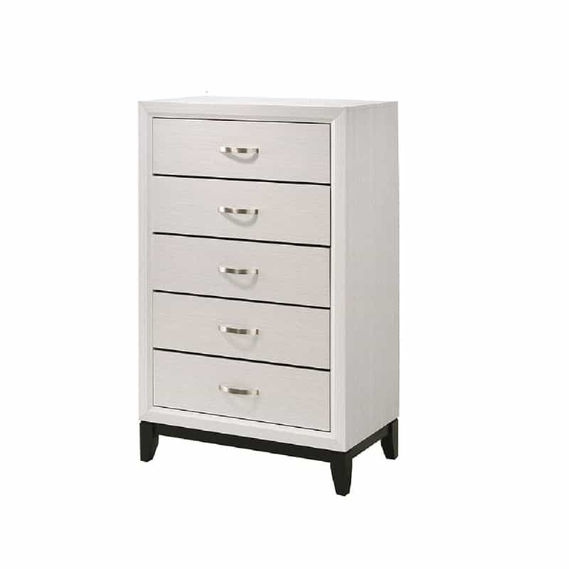 Transitional 5 Drawer Chest With Curved Handle And Chamfered Feet, White