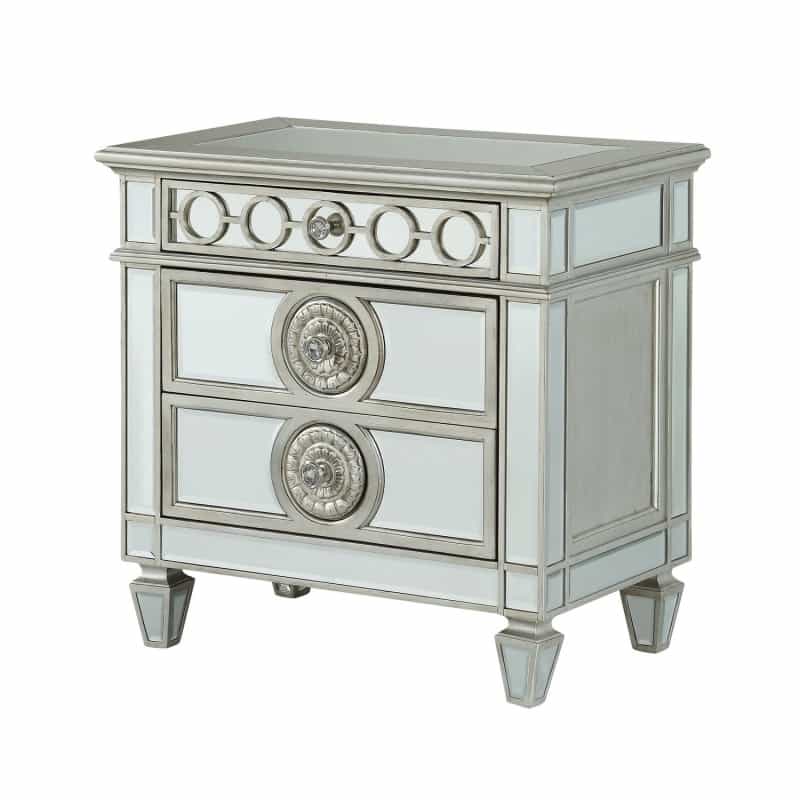 Mirror Accented Wooden Nightstand With 3 Storage Drawers, Silver
