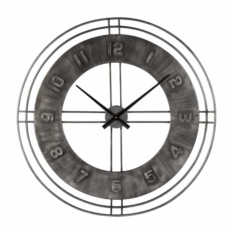 Industrial Round Metal Wall Clock With Roman Numerals, Gray
