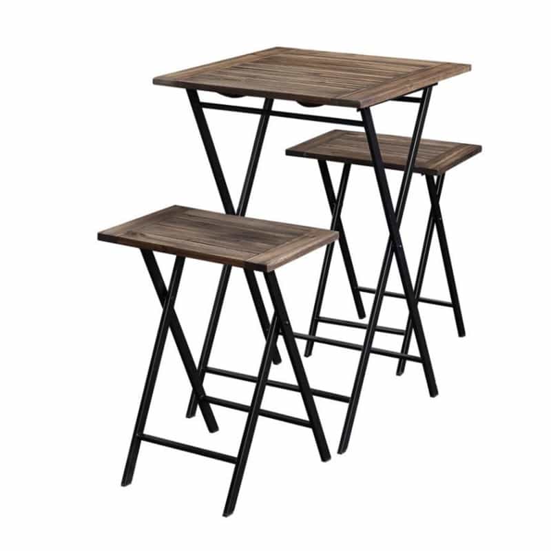 3 Piece Foldable Wood And Metal Dining Set With X Frame Leg,Brown And Black